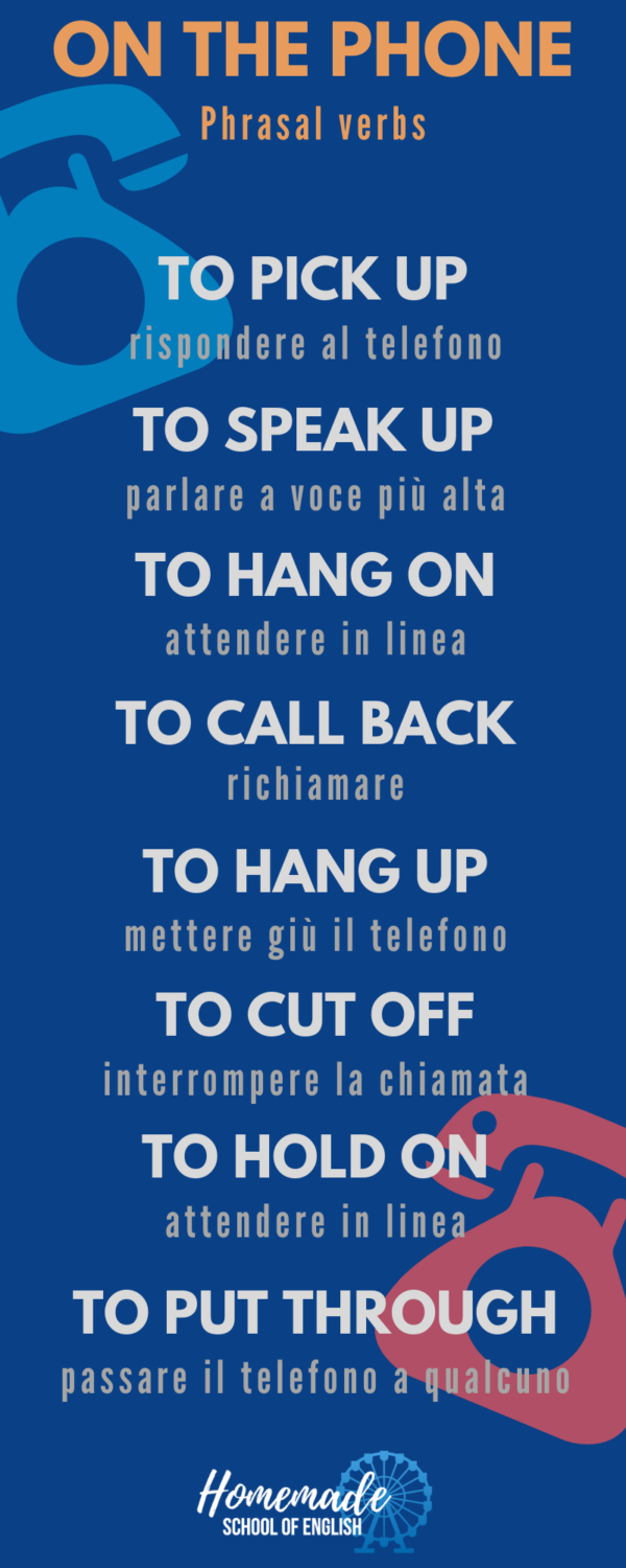 Infografica phrasal verbs “On the phone”: to pick up, to speak up, to hang on, to call back, to hang up, to put through